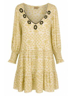 Skemo Beaded Kaftan Tunic Dress Evil Eye Print Long Sleeve Midi XL Tiered White